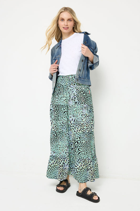 Green with Yellow Leopard Ray Maxi Skirt