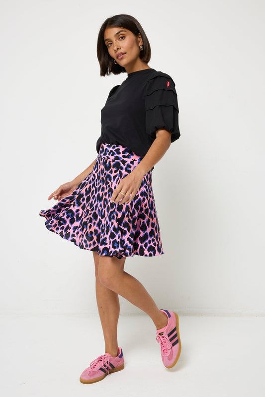 Pink with Blue and Black Shadow Leopard Skater Skirt