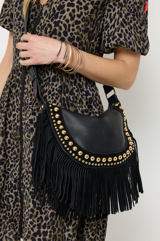 Black Studded Suede Fringed Cross Body Bag
