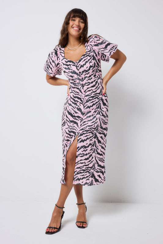 Pale Pink with Grey Texture Tiger Puff Sleeve Midi Tea Dress