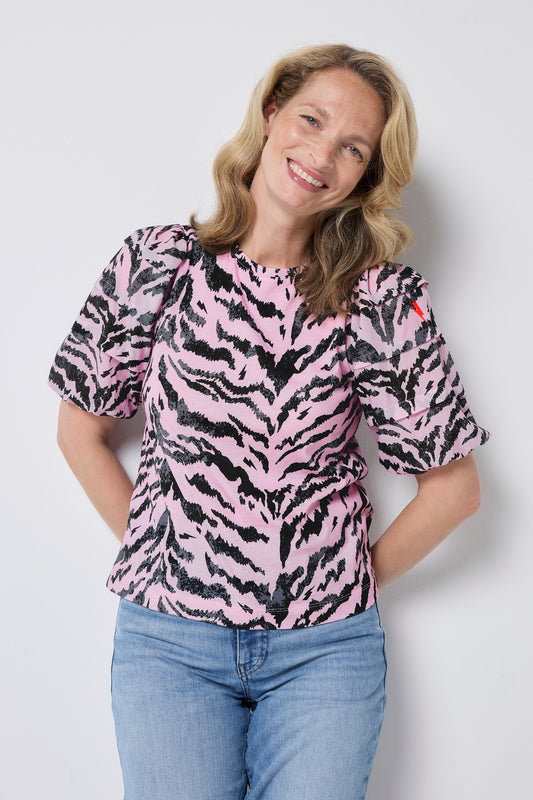 Pink with Black Texture Tiger Pintuck Sleeve T-Shirt