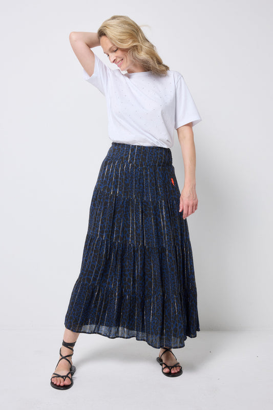 Navy with Black Rock and Roll Leopard Metallic Maxi Skirt