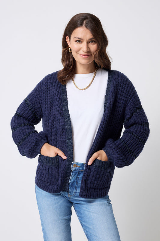 Navy Metallic Stripe Edge to Edge Cardigan