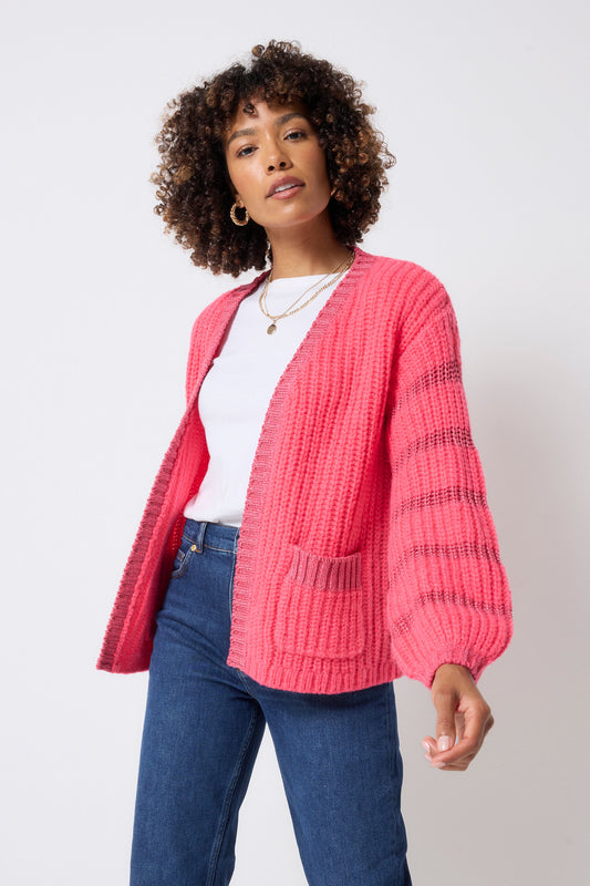 Coral with Pink Metallic Stripe Edge to Edge Cardigan