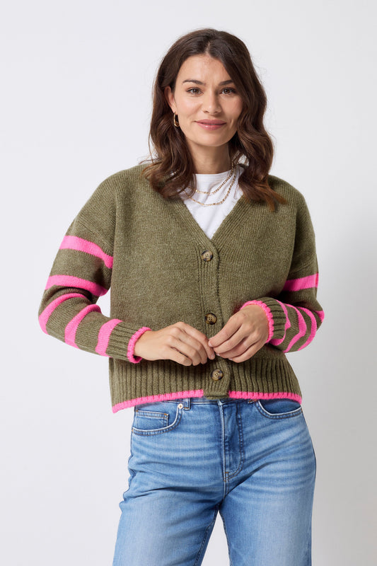 Khaki and Pink Stripe Cardigan