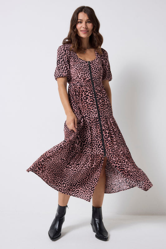 Neutral Leopard Ray Square Neck Zip Detail Tiered Midi Dress