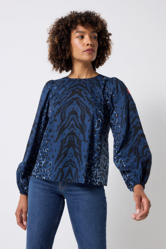 Navy with Black Zebra Blouson Sleeve Top