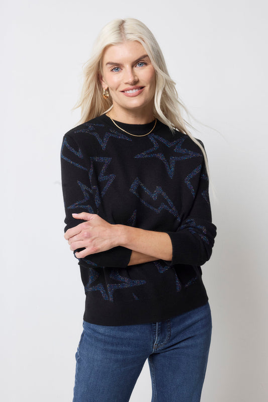 Black with Metallic Rainbow Star and Lightning Bolt Metallic Knit Jumper