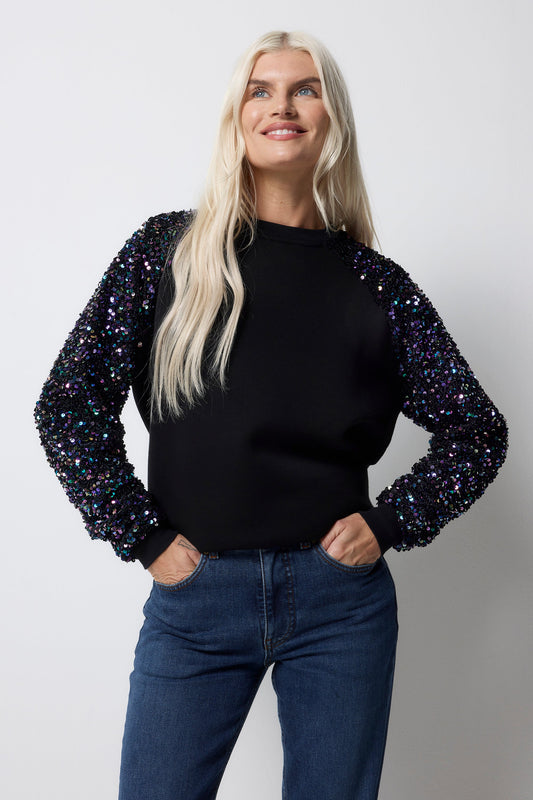 Black with Purple Iridescent Sequin Sleeve Raglan Sweatshirt