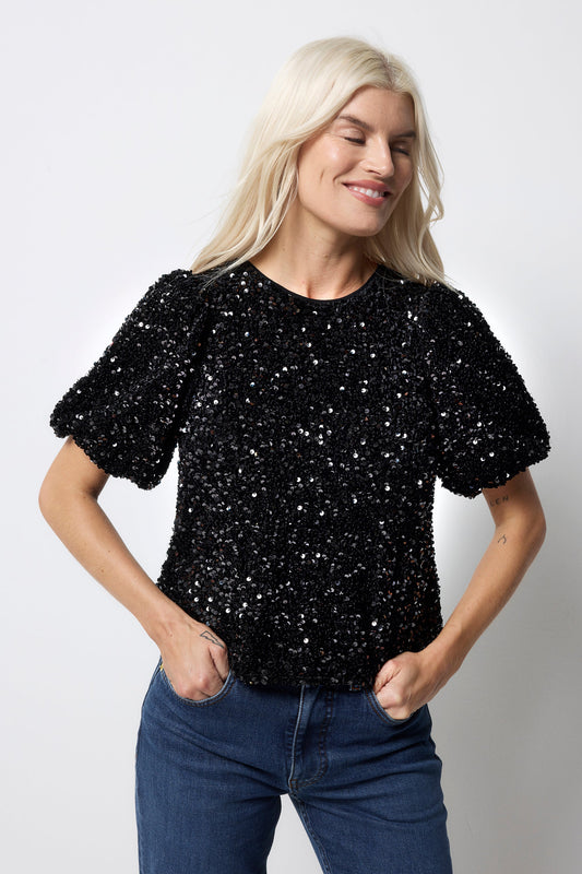 Black Sequin Tie Back Puff Sleeve Velvet Blouse