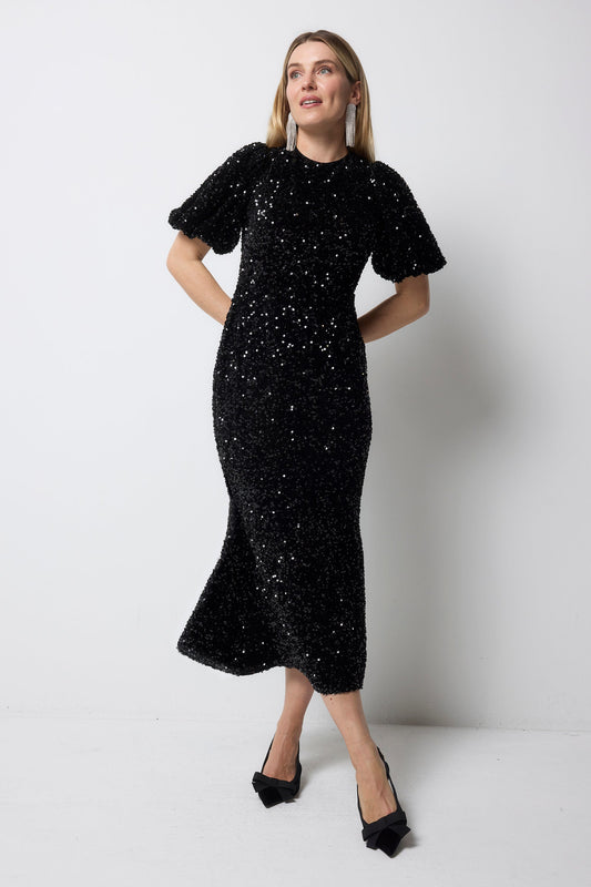 Black Sequin Tie Back Puff Sleeve Velvet Midi Dress