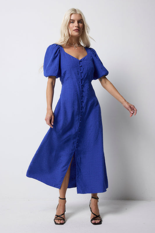 Blue Animal Jacquard Sweetheart Puff Sleeve Midi Tea Dress