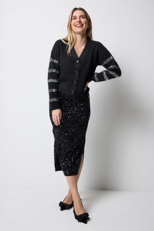 Black with Pewter Sequin Stripe Cardigan