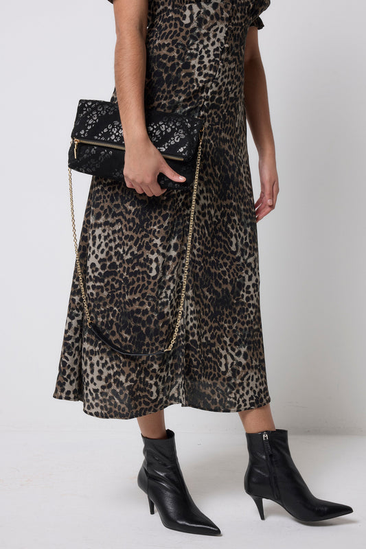 Black Leopard Faux Suede Cross Body Bag