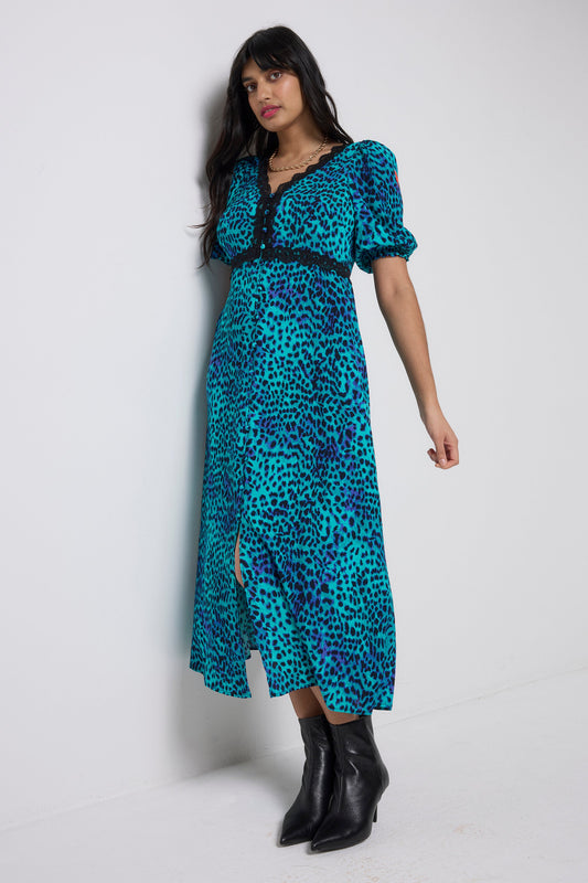 Turquoise with Blue Cheetah Lace Trim Puff Sleeve Midi Tea Dress