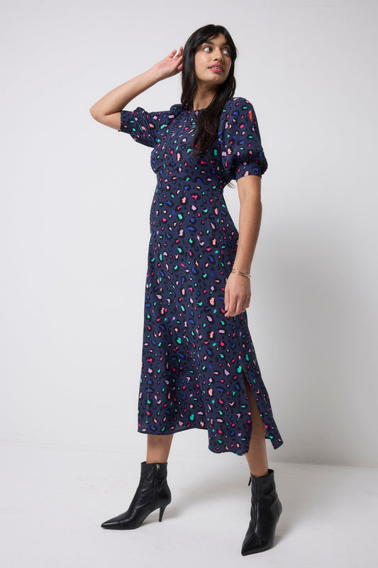 Navy with Rainbow Snow Leopard Midi Dress