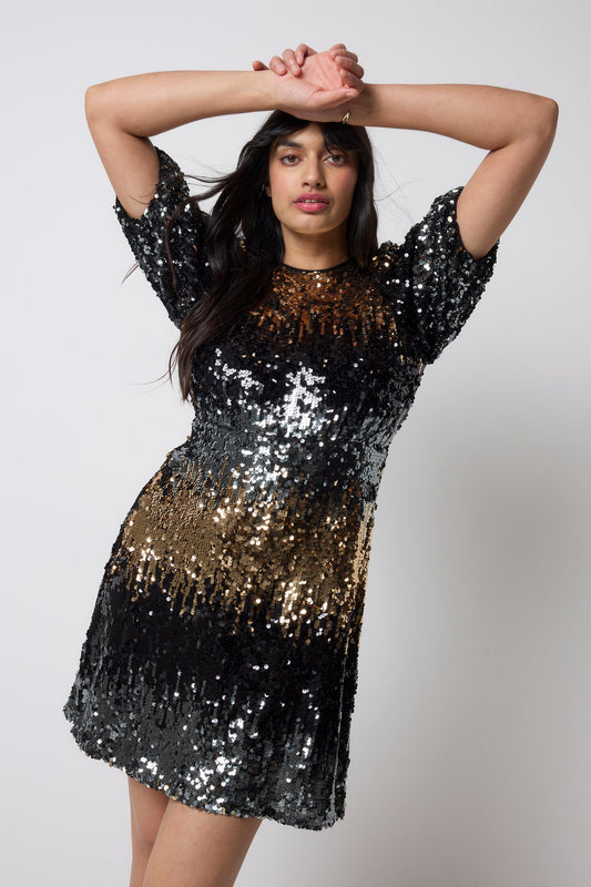 Copper Ombre Sequin Puff Sleeve Short Dress