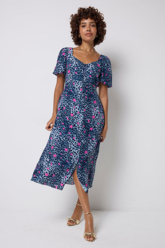 Navy with Pink Star Cheetah Puff Sleeve Midi Tea Dress