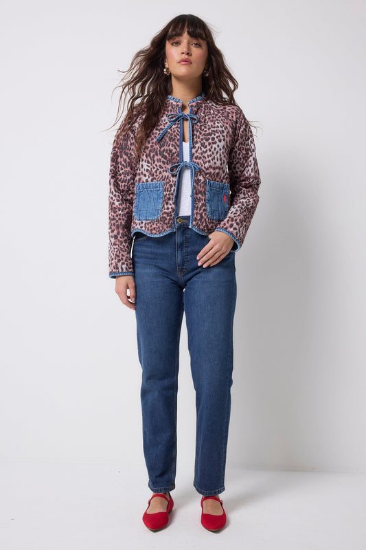 Neutral Cheetah Denim Quilted Reversible Jacket