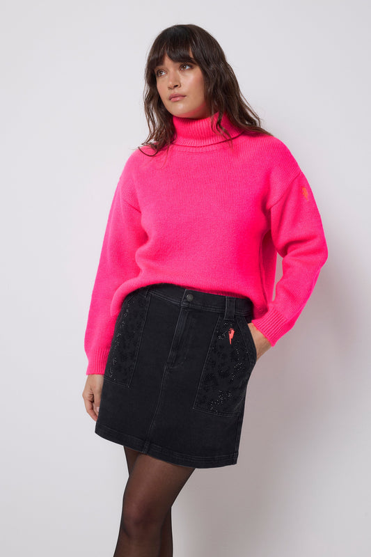 Washed Black Embellished Leopard Patch Pocket Denim Mini Skirt