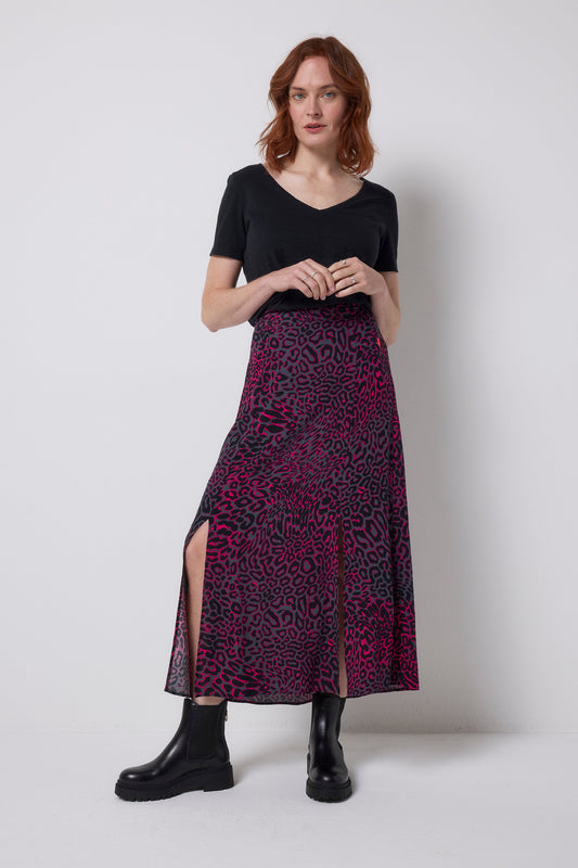 Grey with Pink Leopard Ray Split Front Skirt