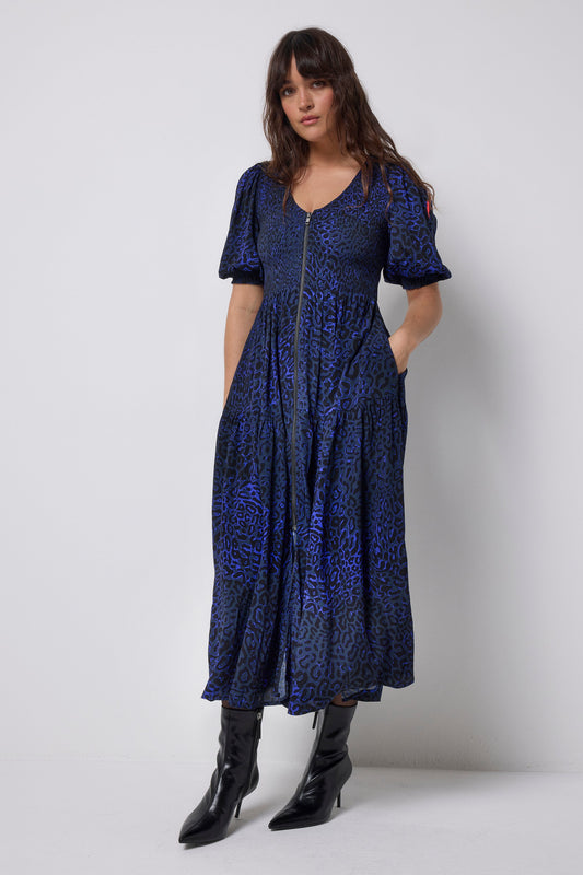 Navy Leopard Ray Shirred Zip Detail Midi Dress