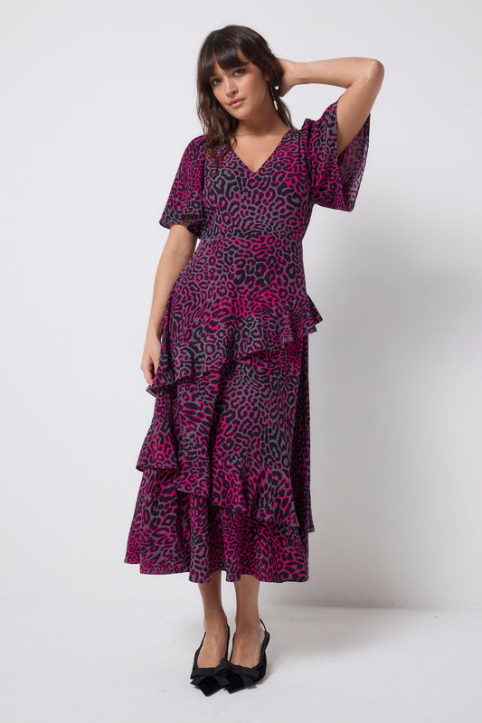 Grey with Pink Leopard Ray Ruffle Detail Midi Dress