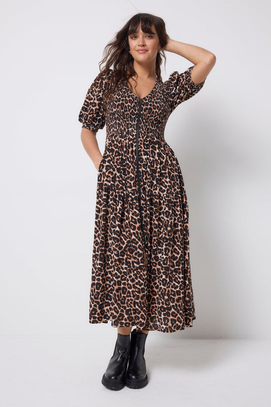 Neutral Jaguar Shirred Zip Detail Midi Dress