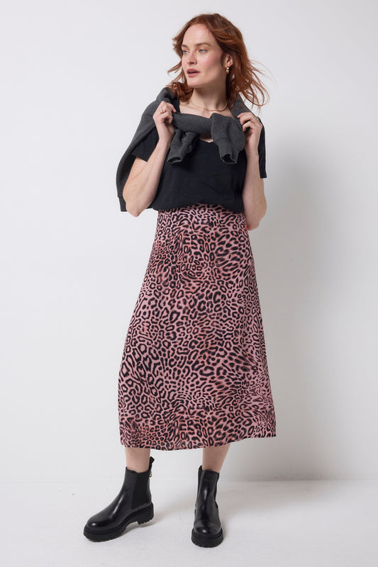 Neutral Leopard Ray Midi Slip Skirt