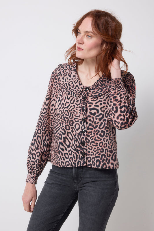 Neutral Leopard Ray Collared Blouse