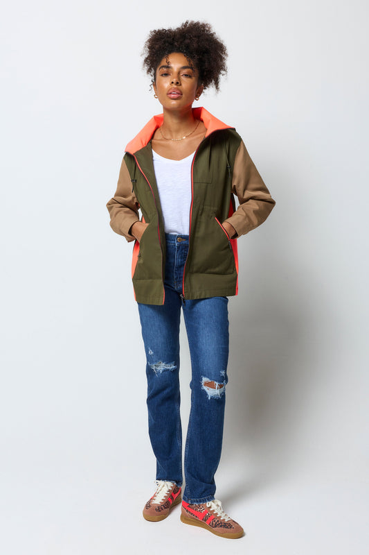 Khaki with Camel and Coral Colourblock Short Trench Coat