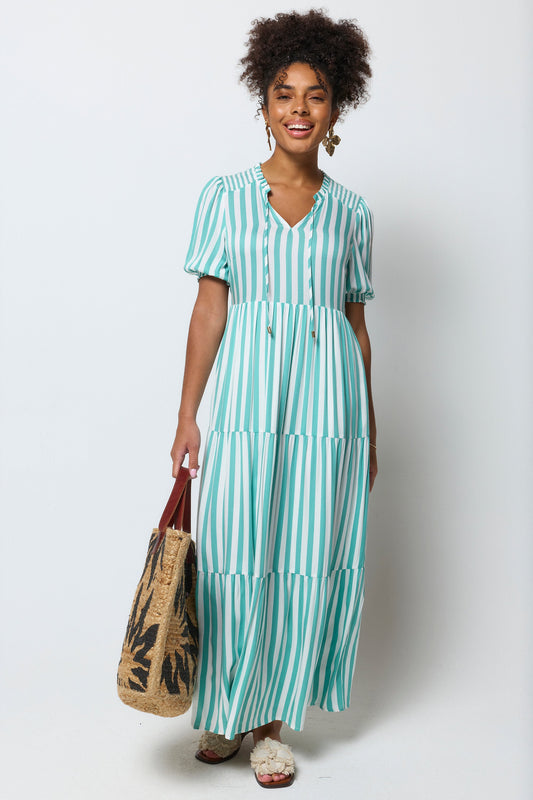 Green with White Stripe Tie Front Maxi Dress