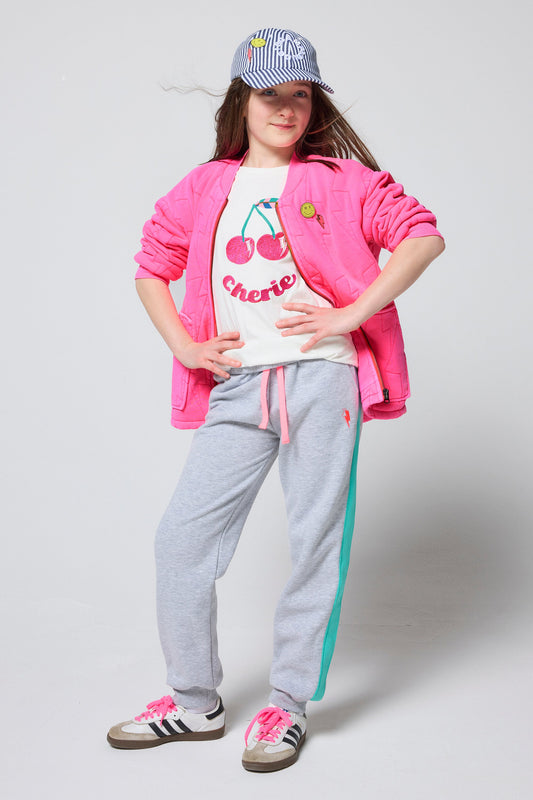 Kids Neon Pink Lightning Bolt Quilted Bomber Jacket