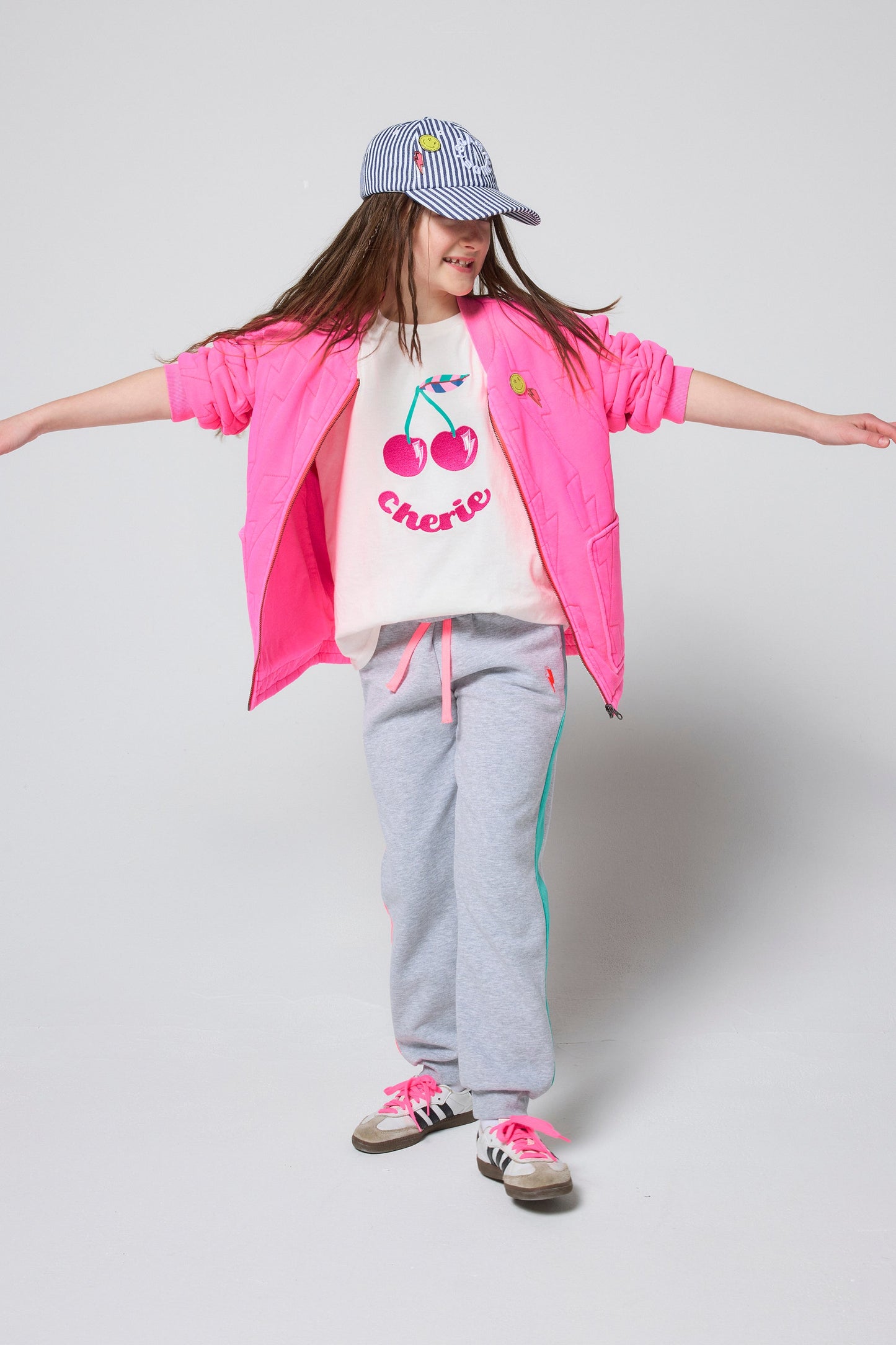 Kids Neon Pink Lightning Bolt Quilted Bomber Jacket