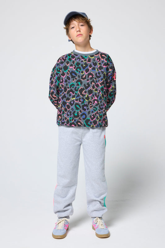 Kids Grey with Rainbow Shadow Leopard Oversized Sweatshirt
