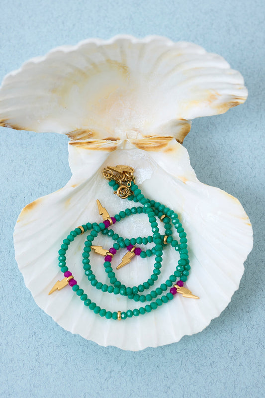 Aqua Bead Gold Multi Bolt Necklace