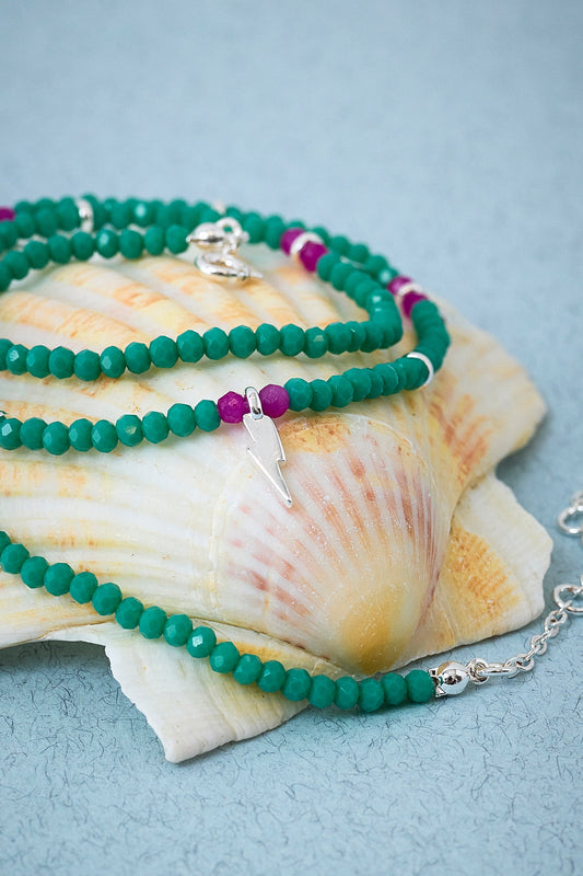 Aqua Bead Silver Multi Bolt Necklace