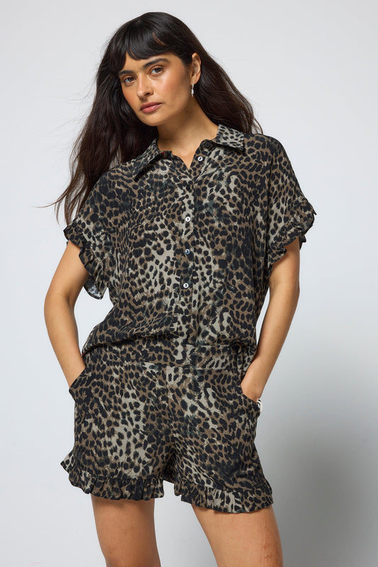 Khaki Cheetah Frill Hem Shorts