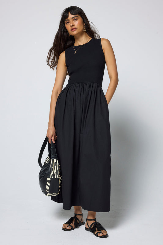 Black Jersey Woven Mix Midi Dress