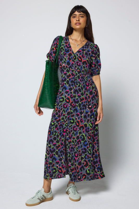 Grey with Rainbow Shadow Leopard Blouson Sleeve Midi Tea Dress