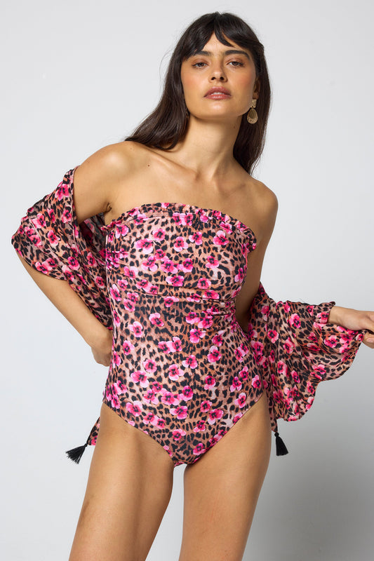 Neutral Paradise Cheetah Frill Bandeau Swimsuit