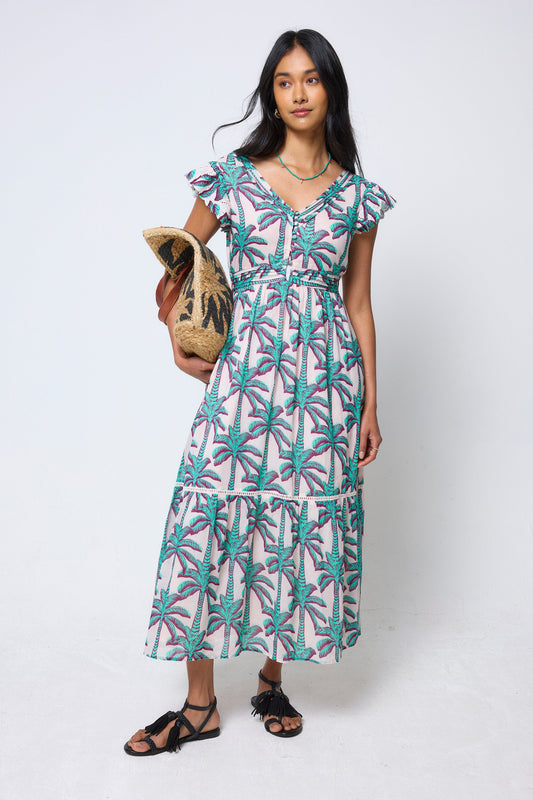 Cream with Green Shadow Palm Broderie Sleeve Pintuck Midi Dress