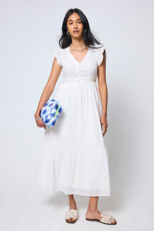 Cream Broderie Sleeve Pintuck Midi Dress