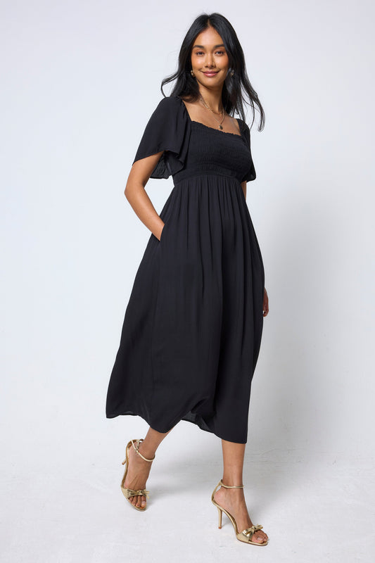 Black Shirred Square Neck Midi Dress