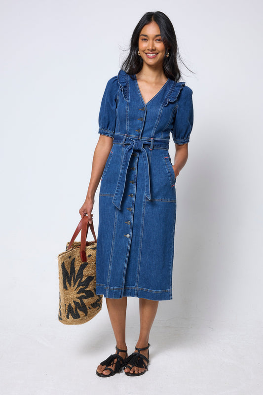 Indigo Frill Sleeve Midi Denim Dress