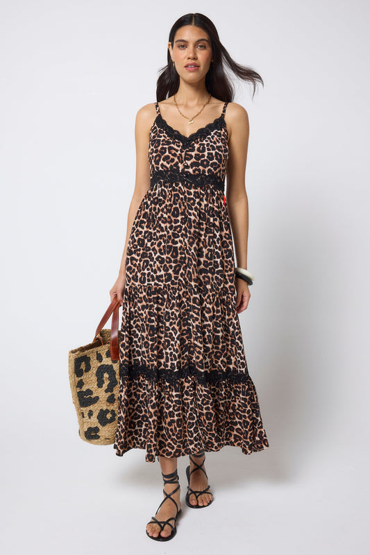Neutral Jaguar Lace Trim Midi Sundress