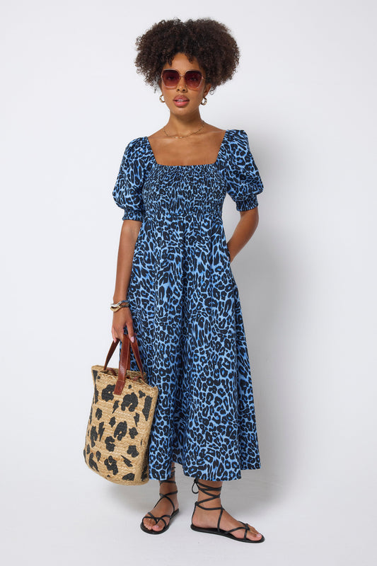Blue Jaguar Wave Shirred Square Neck Midi Dress