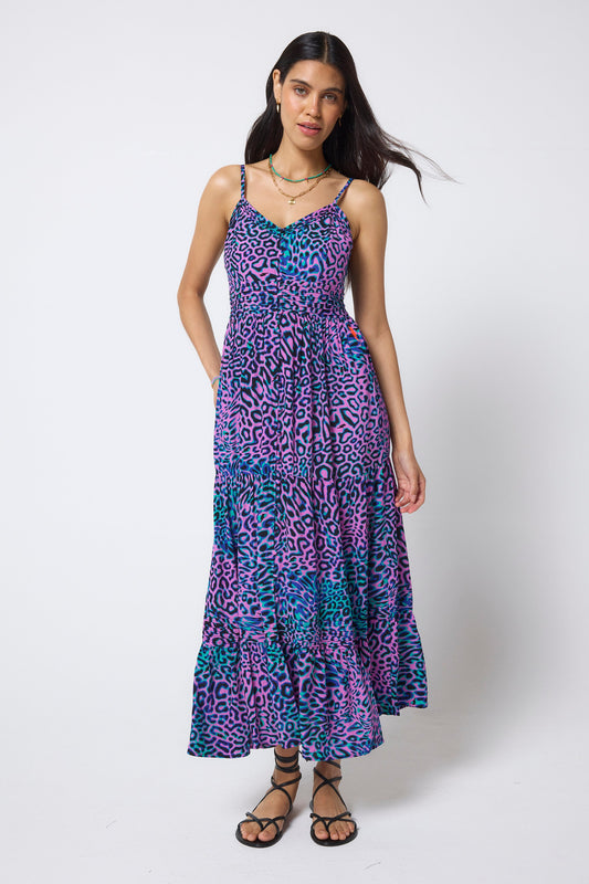 Pink with Green Leopard Ray Pintuck Midi Sundress
