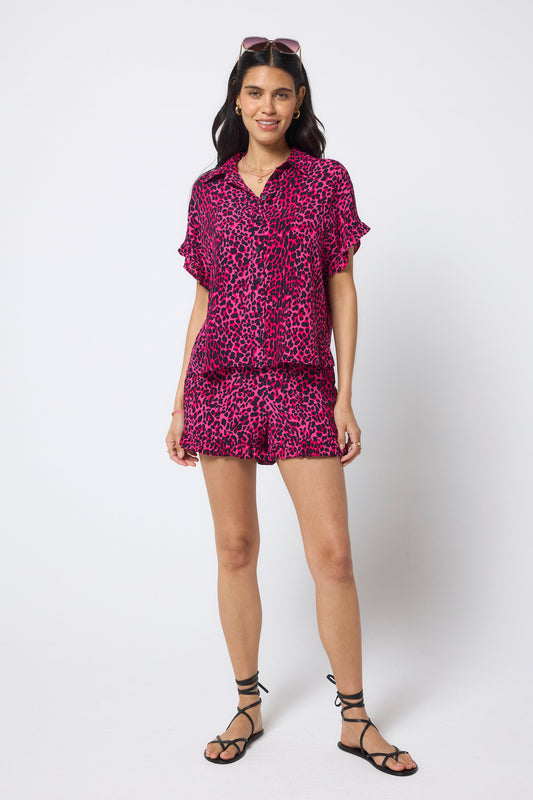 COMING SOON: Pink with Black Wild Leopard Frill Sleeve Shirt