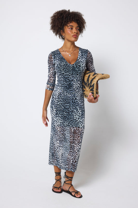 Grey Cheetah Mesh Midi Dress